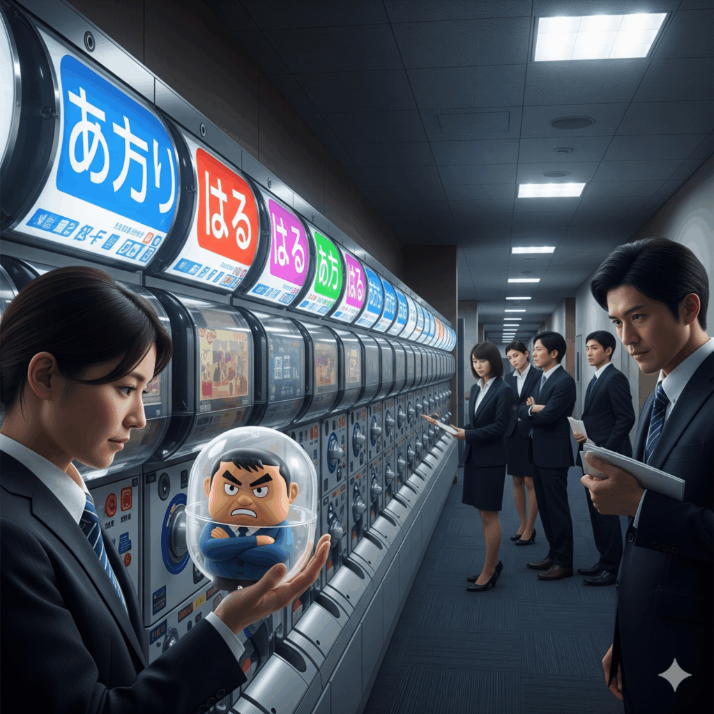 a group of people standing in a row looking at a toy